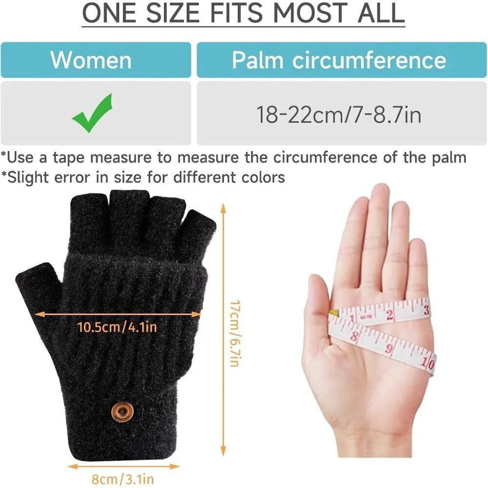 Women's Winter Warm Mittens Knitted Black Gloves Fingerless Button Closure